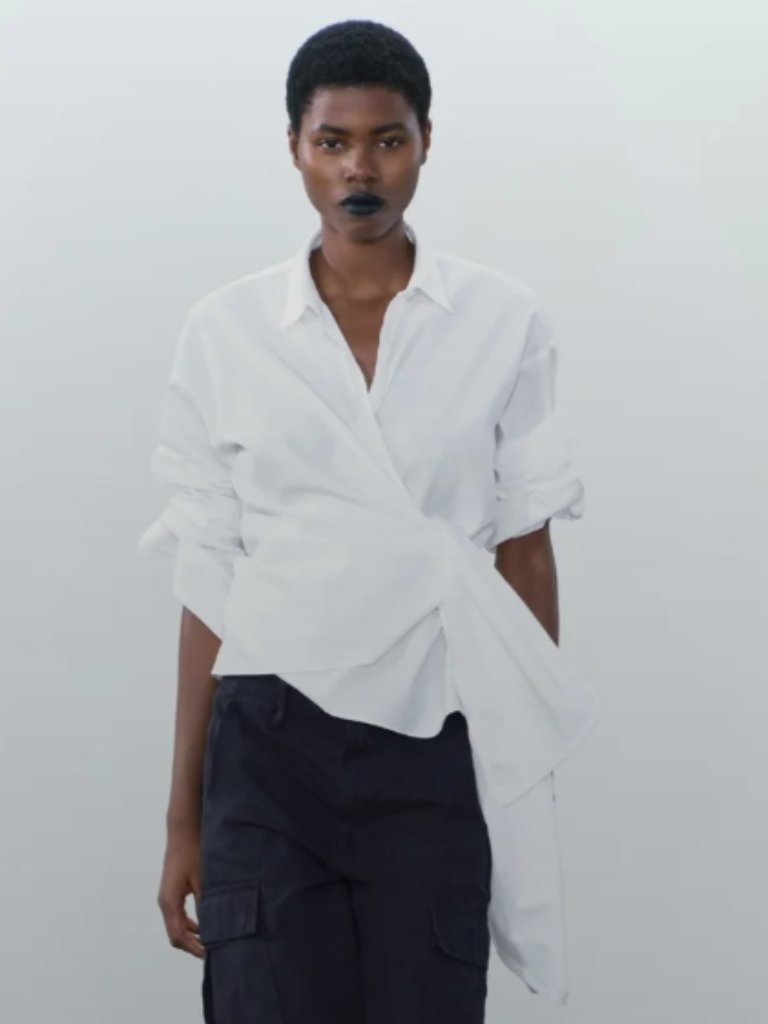 Zara 100% Cotton Wrap Tie Poplin Shirt White Size Large